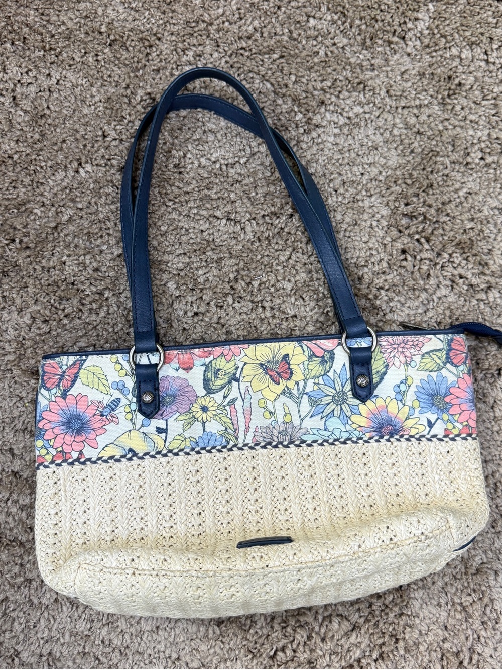 The Sak Floral Straw Tote with Navy Handles! NWOT!